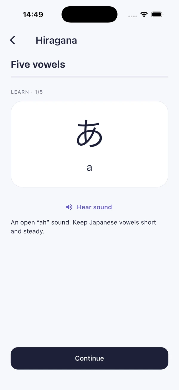 KanaWay lesson teaching the hiragana character あ and its sound