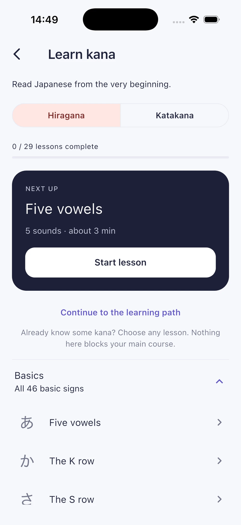 KanaWay’s Learn kana screen showing the Five vowels lesson and the hiragana learning path