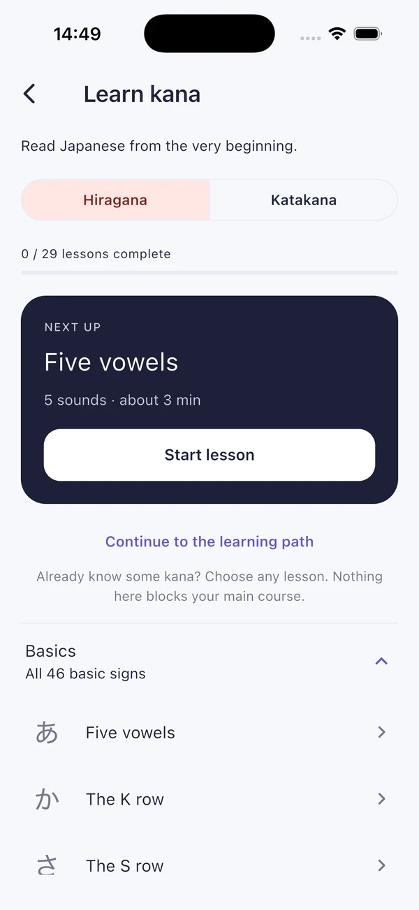 KanaWay’s hiragana course with the Five vowels lesson ready to start