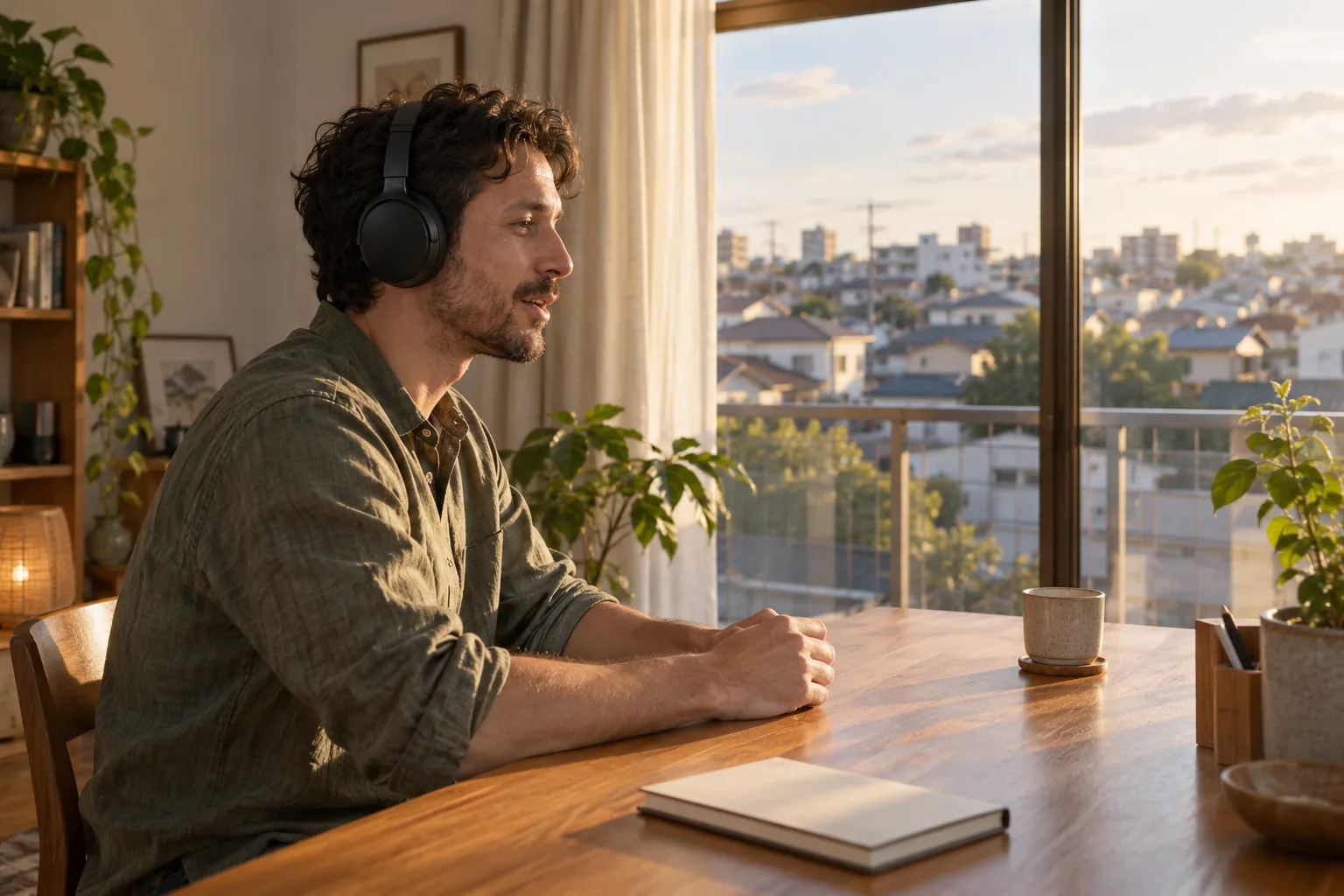 Adult learner speaking softly with headphones at a sunlit desk overlooking a Japanese neighborhood.