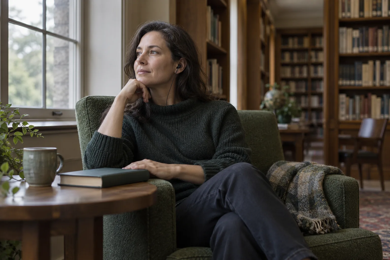 Adult woman listening through earphones in a quiet library alcove.