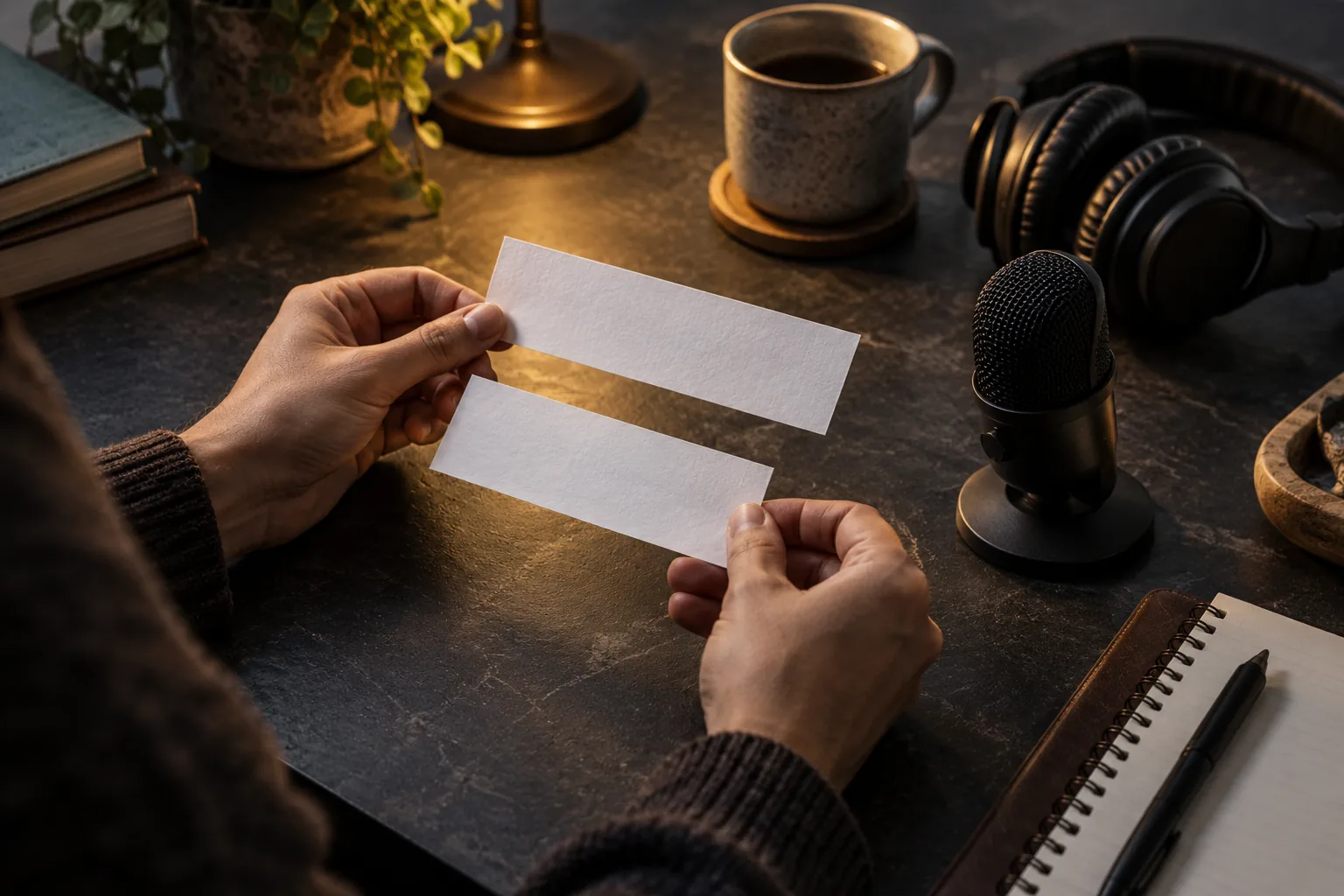 Hands comparing two blank paper strips beside a microphone and headphones in warm lamplight.