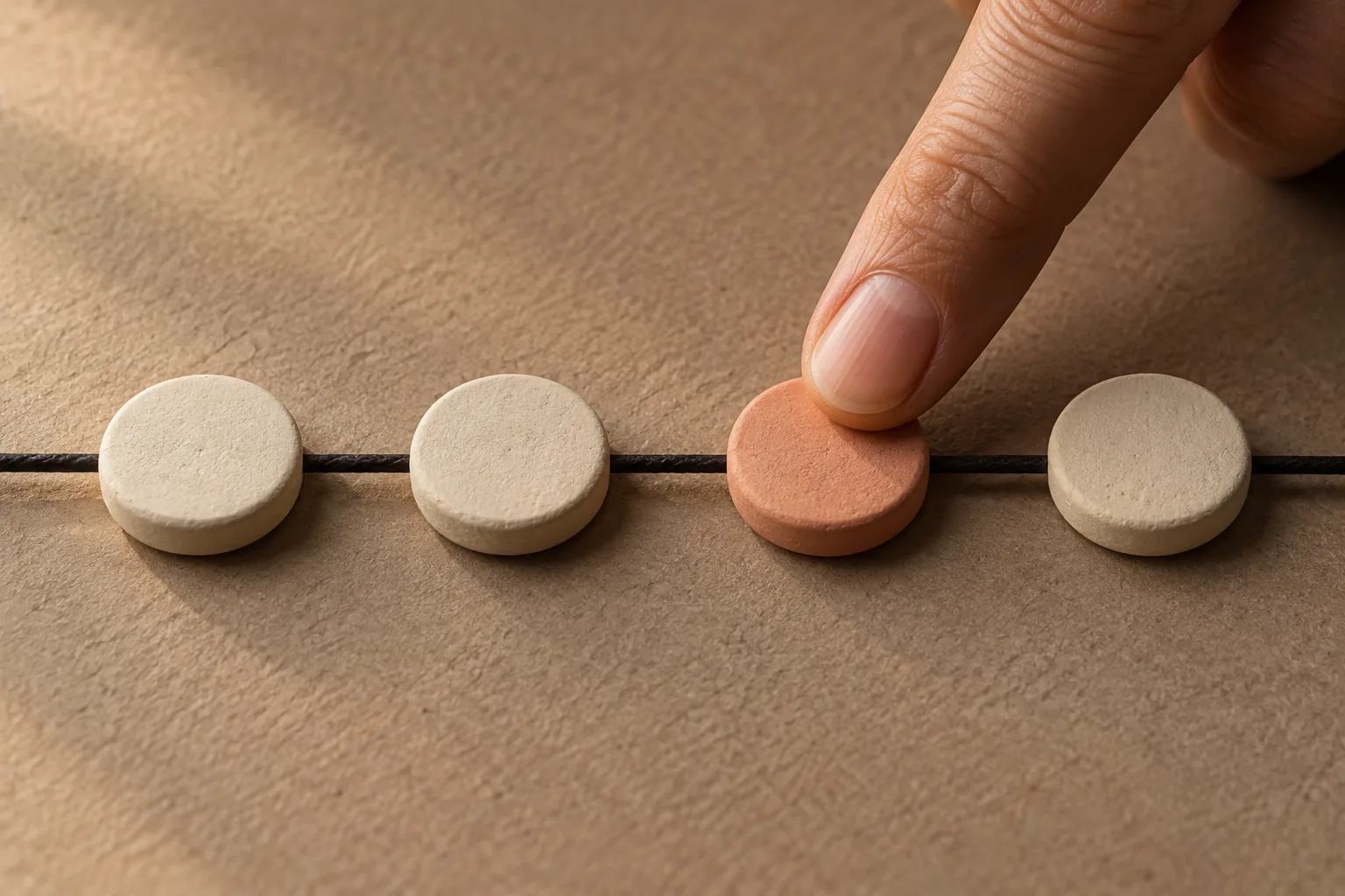 A fingertip tapping one of four evenly spaced clay discs on a string.