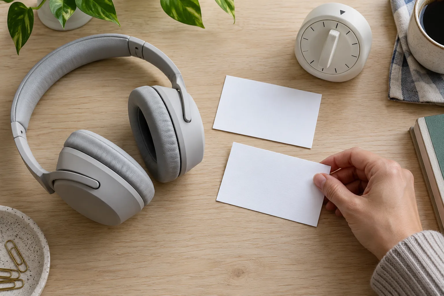 Headphones, two blank cards and a small timer arranged on a light wooden desk.