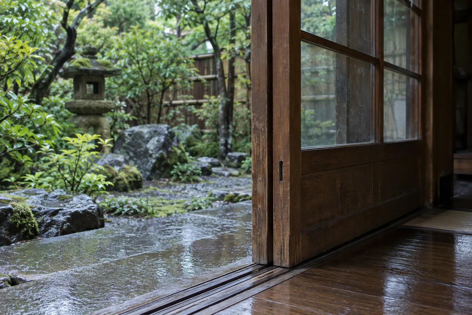 A partially open wooden sliding door with a garden beyond and no person visible.