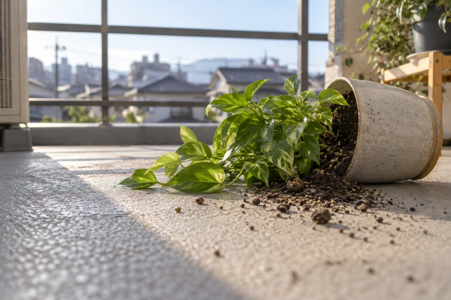 A tipped plant pot and spilled soil on a balcony, with no cause visible.