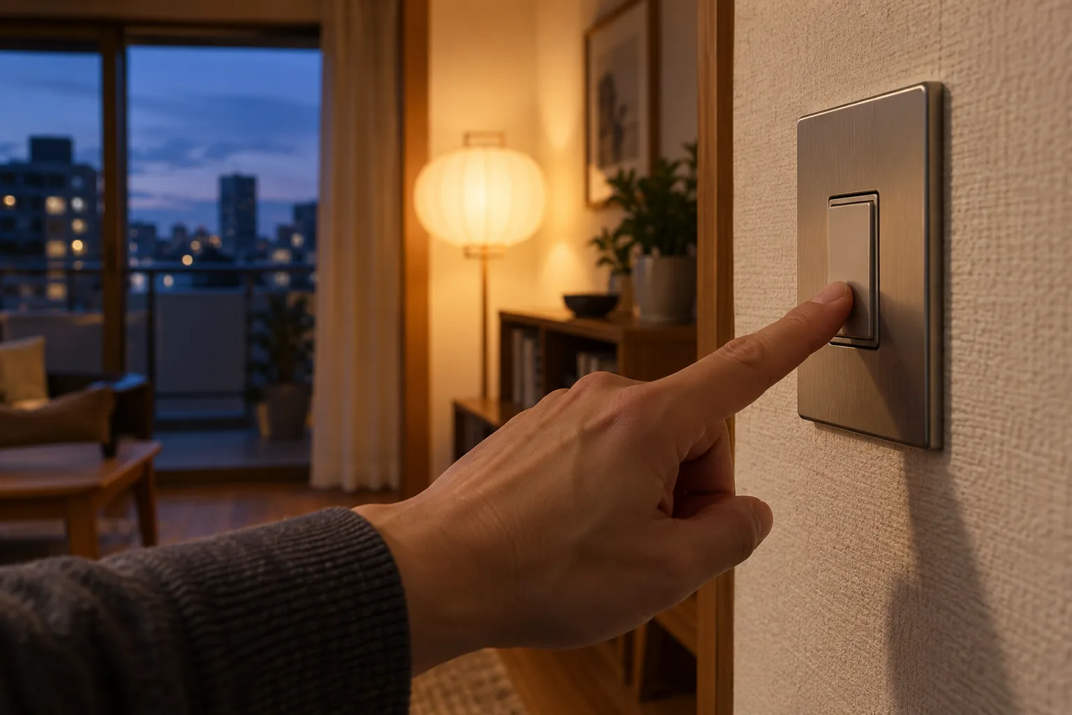 An adult hand pressing a light switch beside a glowing lamp at dusk.