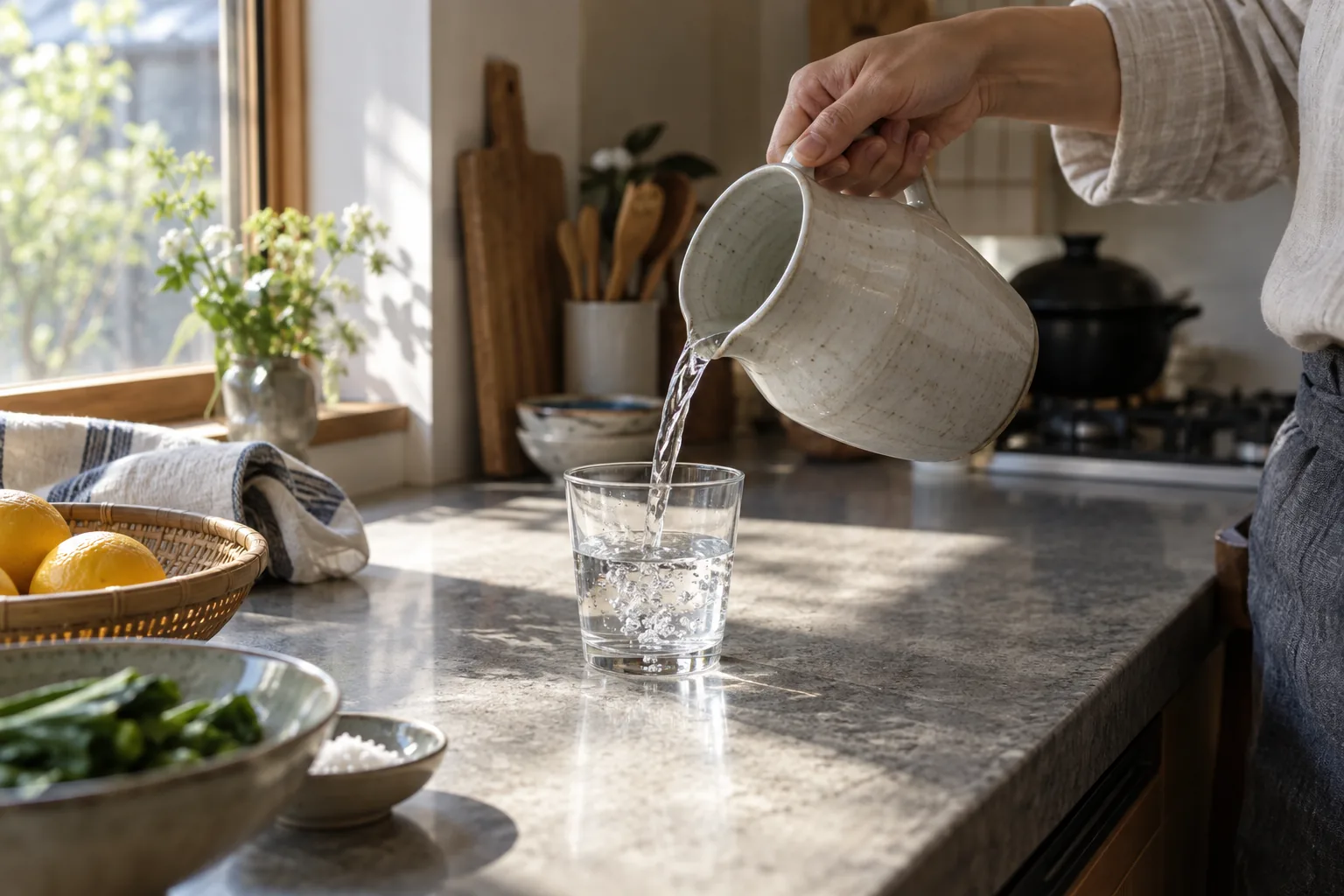 An adult pouring water from a ceramic jug into a clear glass in a kitchen.
