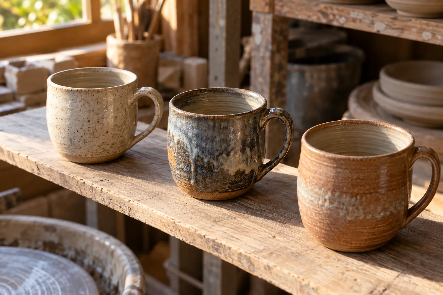 Três canecas de cerâmica vazias, com o interior seco visível, numa prateleira de ateliê.