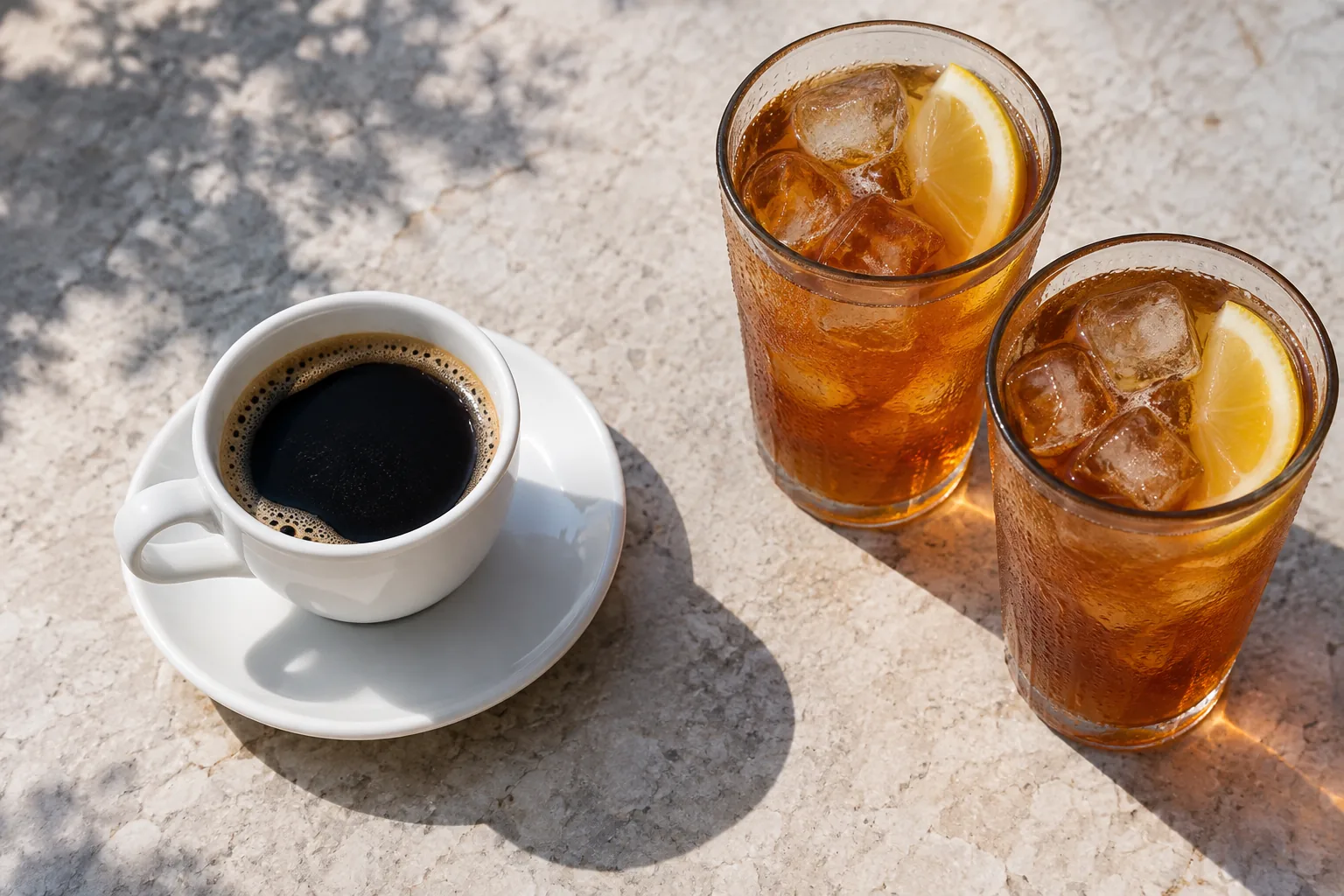 Uma xícara de café e dois copos de chá gelado separados em dois grupos.