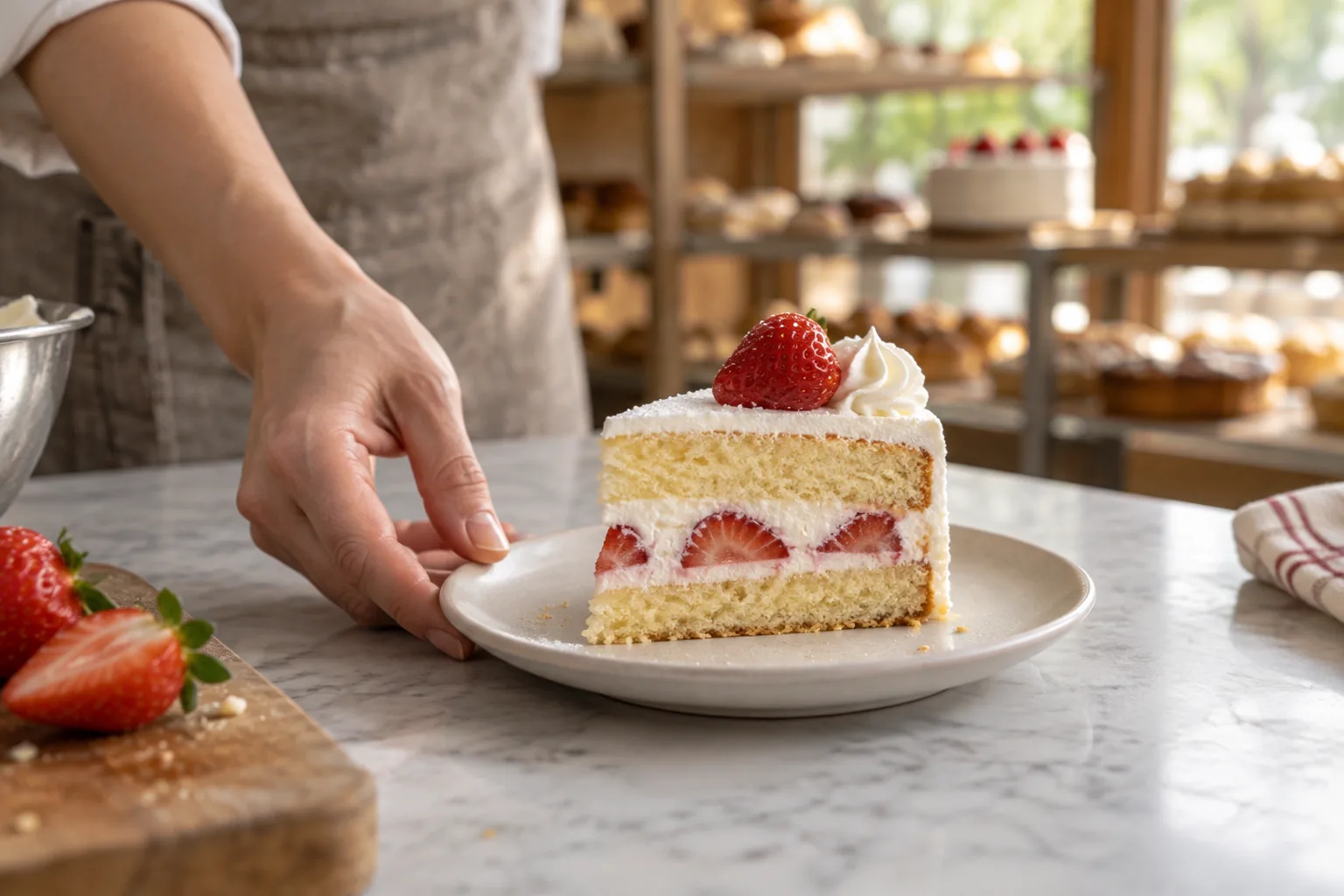大理石の作業台に、いちごのケーキを置く大人の手。