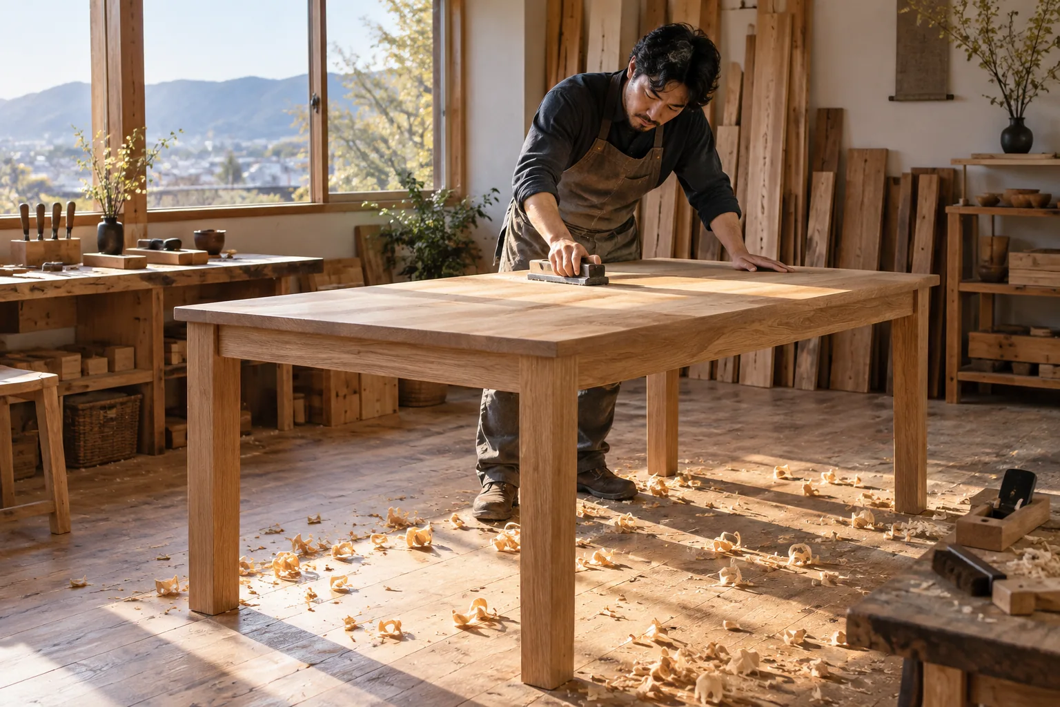 作業場で、オーク材のテーブルを研磨する大人の職人。