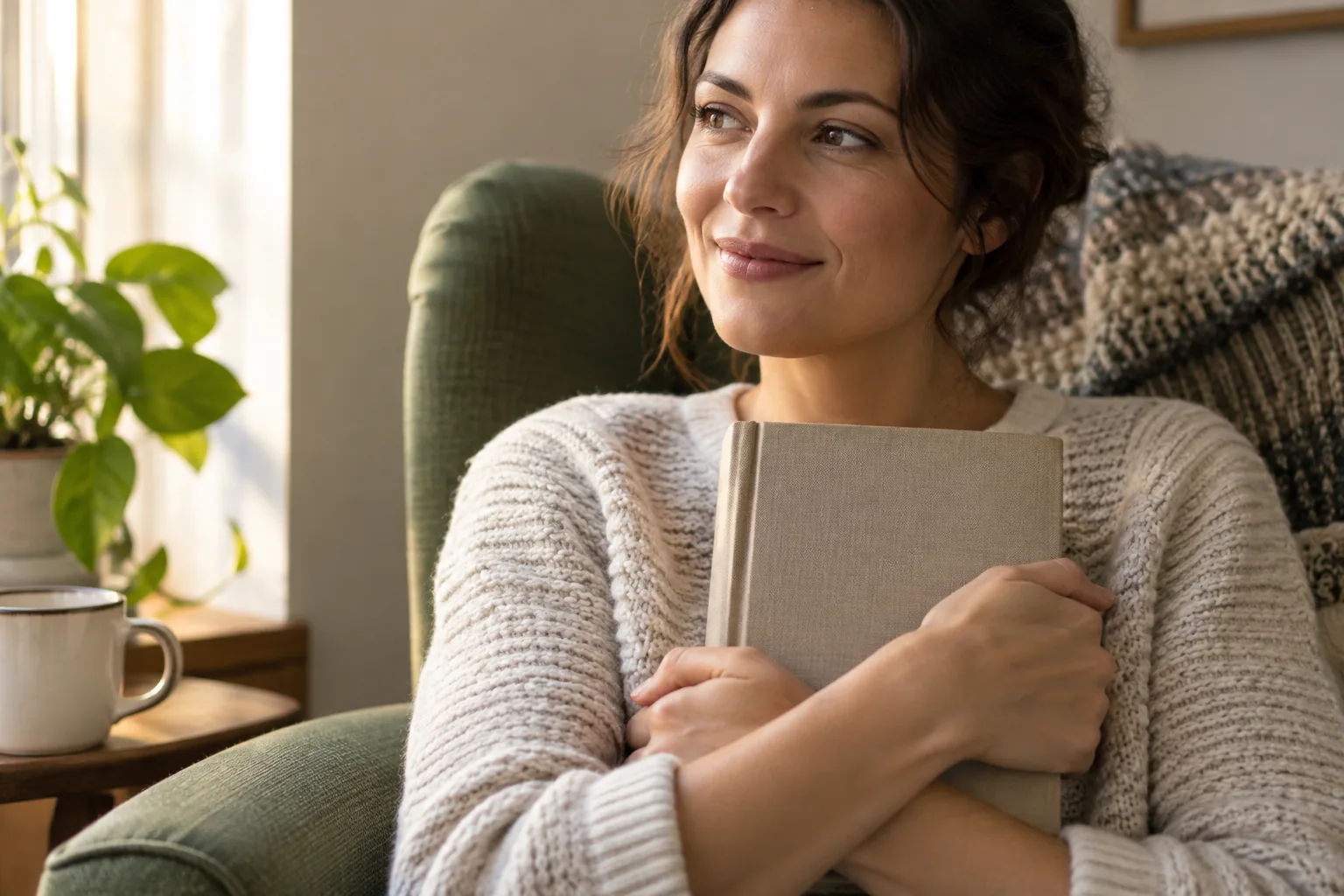 Eine erwachsene Person hält ein geschlossenes Buch nah am eigenen Körper.