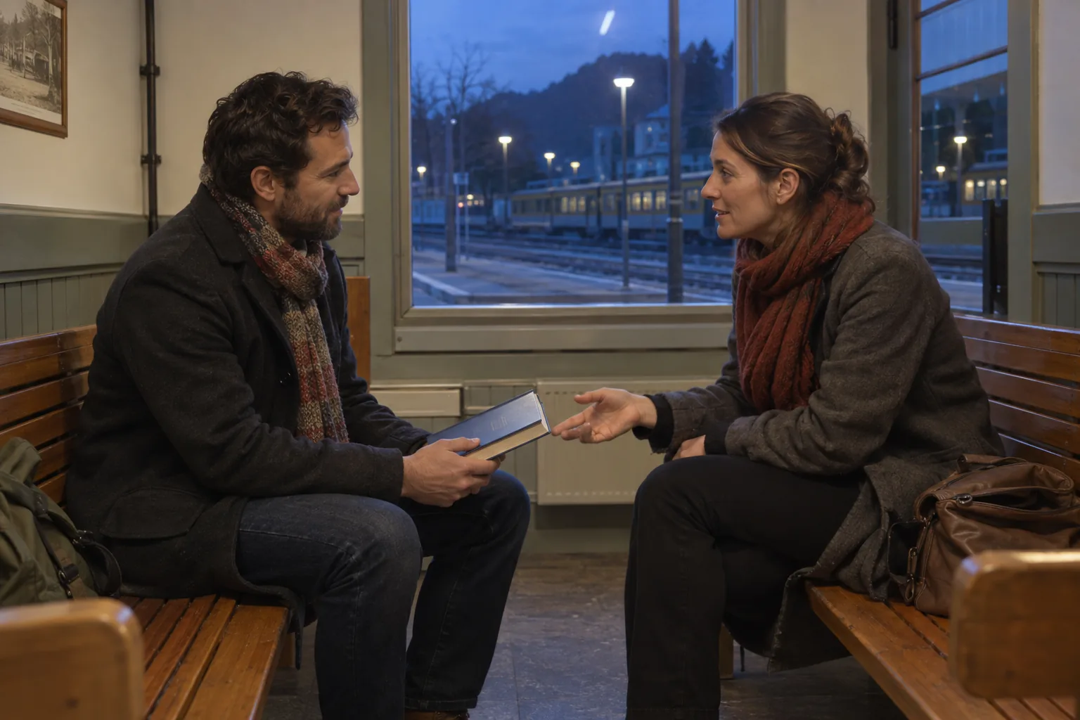 Zwei Erwachsene sprechen miteinander; das Buch bleibt in den Händen einer der beiden Personen.