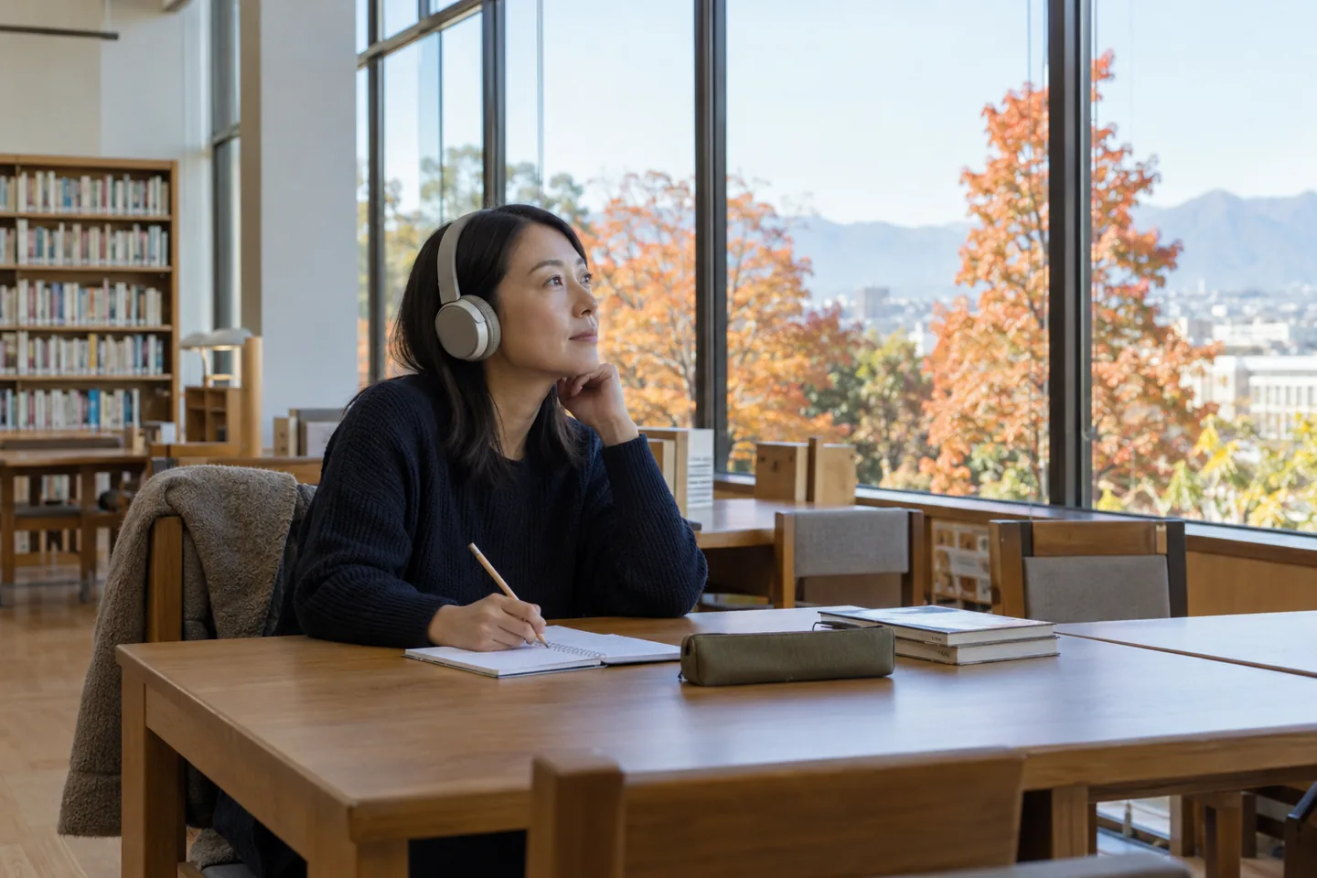 Adult learner listening with headphones beside a blank notebook in a civic reading room
