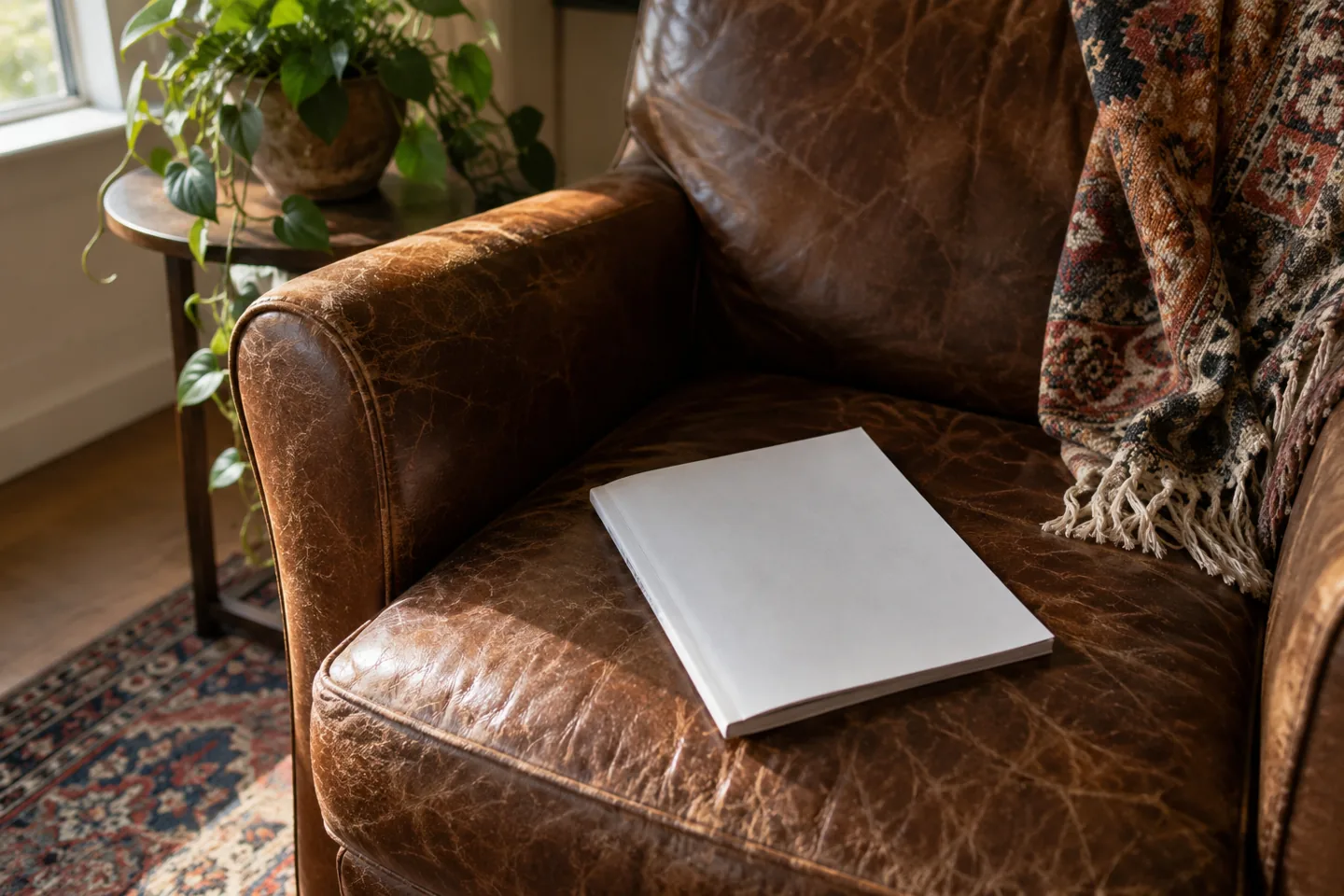 Closed magazine with a plain cover resting on a worn leather chair