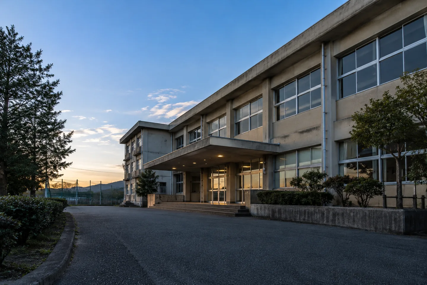 Empty Japanese school entrance and path under a blue evening sky