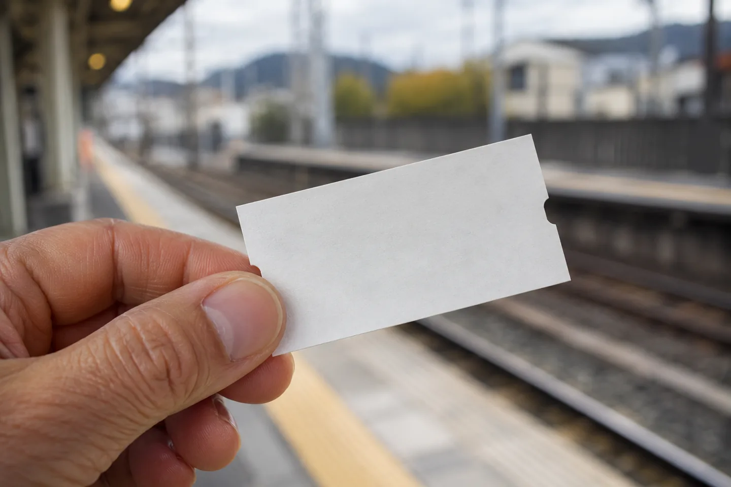 Adult fingers holding a plain rail ticket with station tracks blurred behind