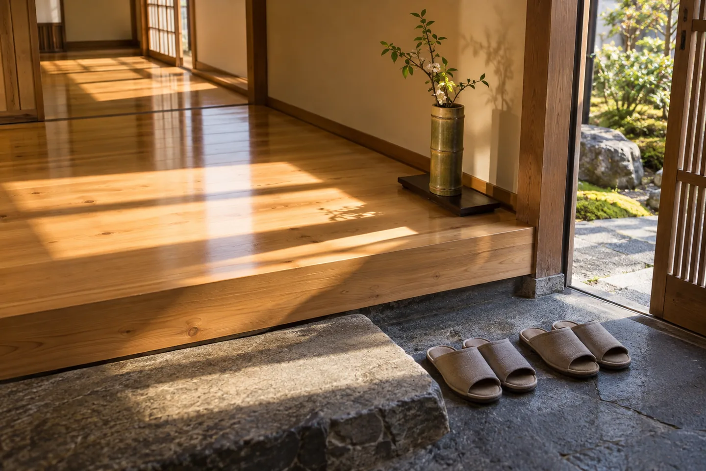 Polished wooden guesthouse entrance with neatly aligned slippers and a bamboo vase