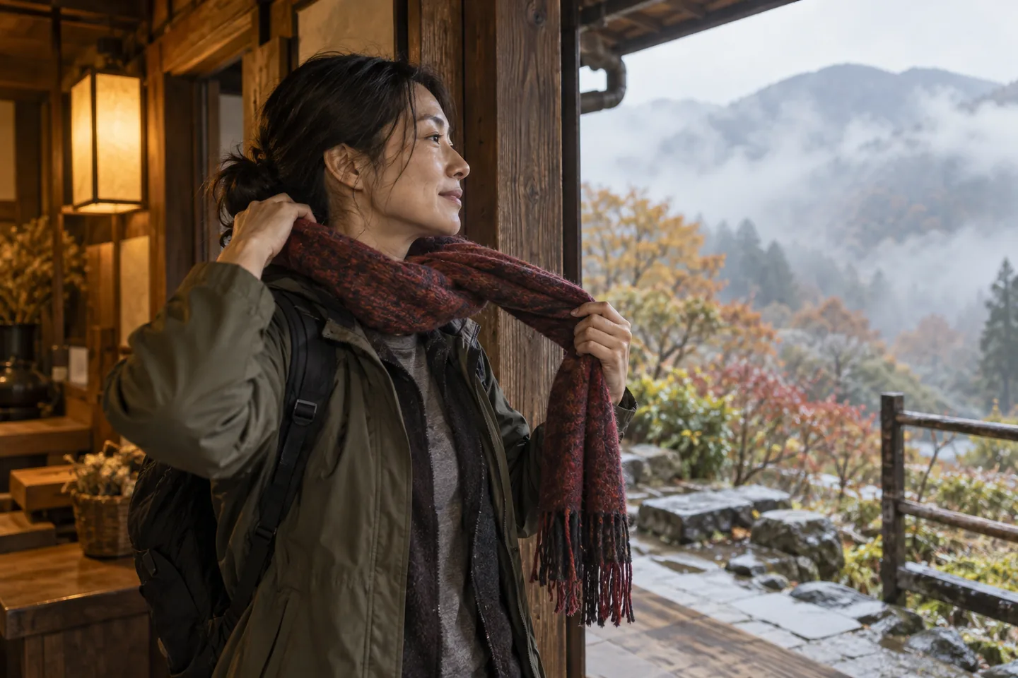 Adult traveller adjusting a wool scarf at a mountain lodge doorway with misty trees outside
