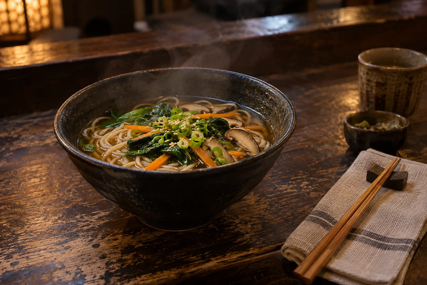 Vegetable noodles steaming in a dark bowl on a worn wooden restaurant counter