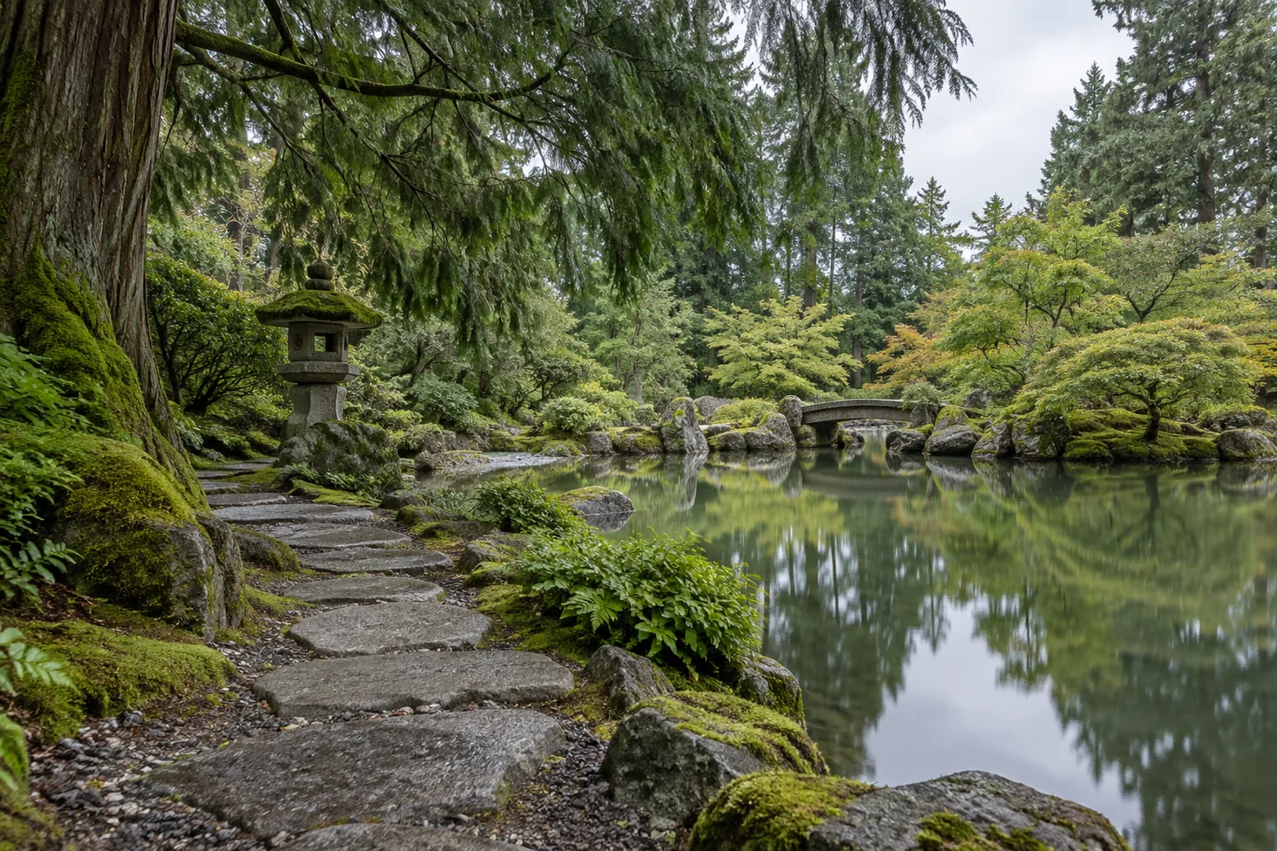 Still garden pond beside an empty moss-lined stone path beneath cedar branches