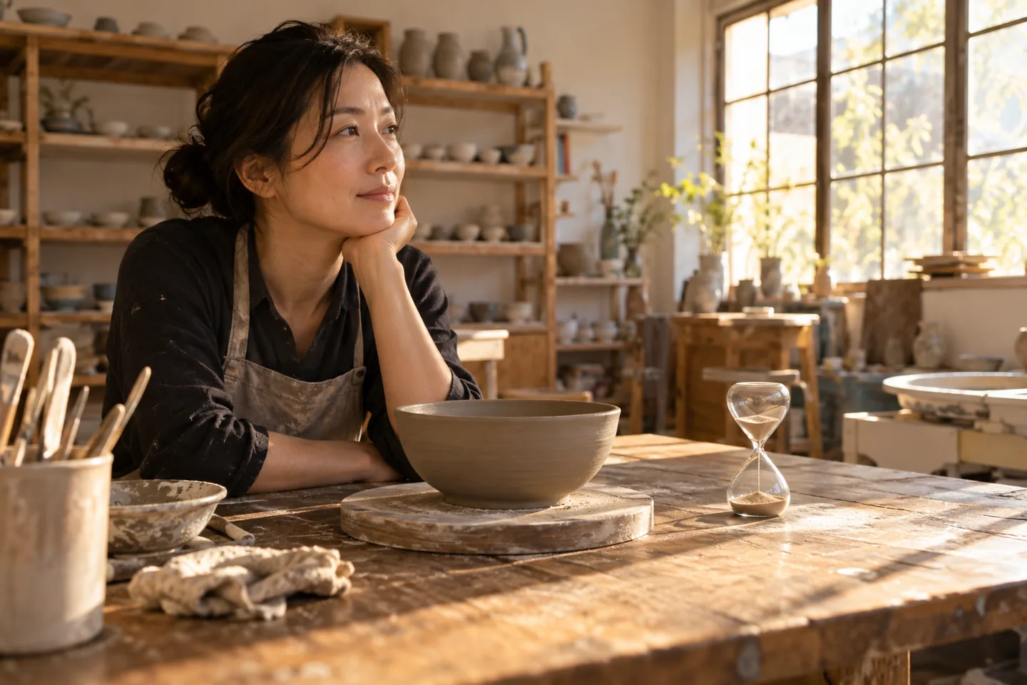 Adult ceramic artist waiting beside a glass sand timer and a resting clay bowl