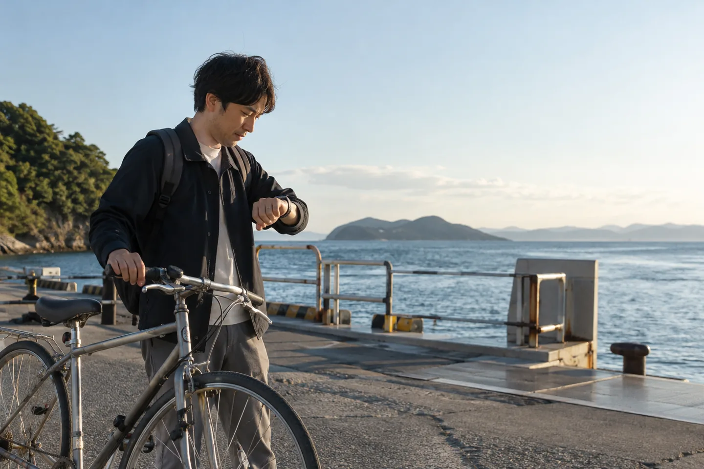 Adult commuter checking a wristwatch beside a bicycle at a coastal ferry landing