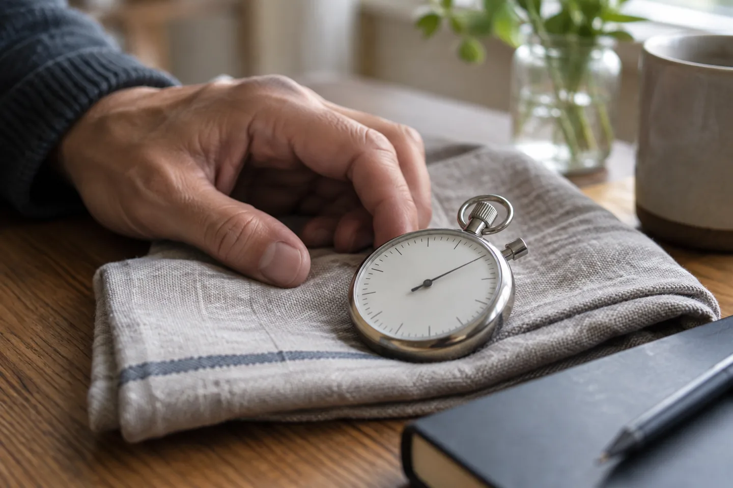 Plain mechanical stopwatch resting on folded linen beside an adult hand