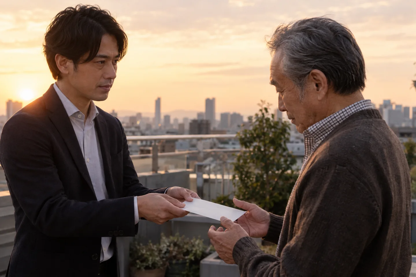 Adult man offering an unmarked envelope to an older man on an evening rooftop