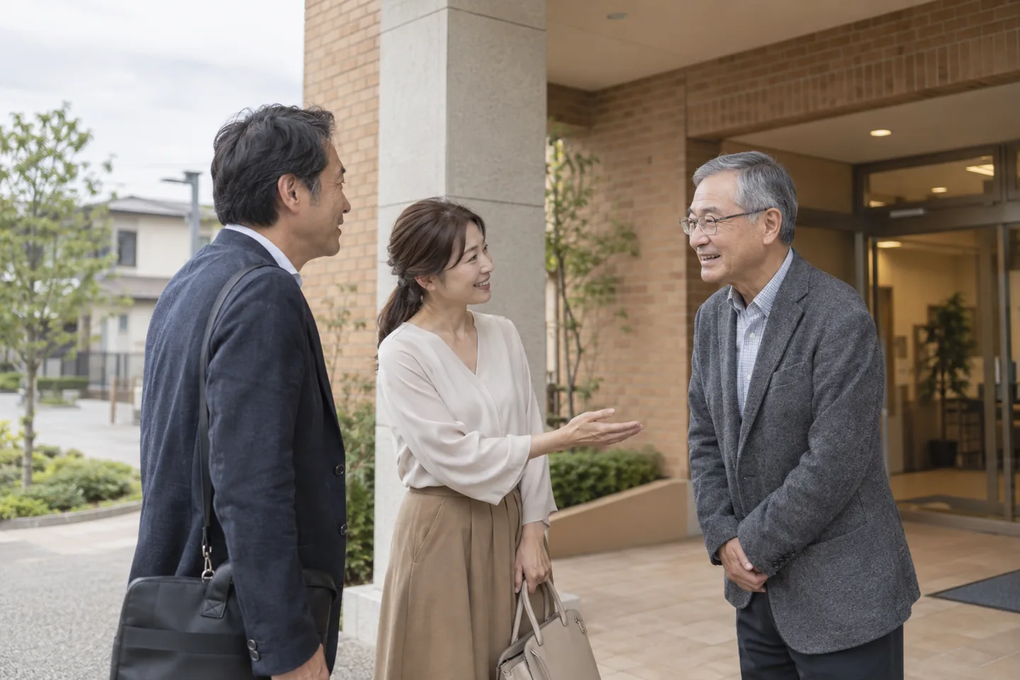 Three adults meeting outside a brick community hall during a polite introduction