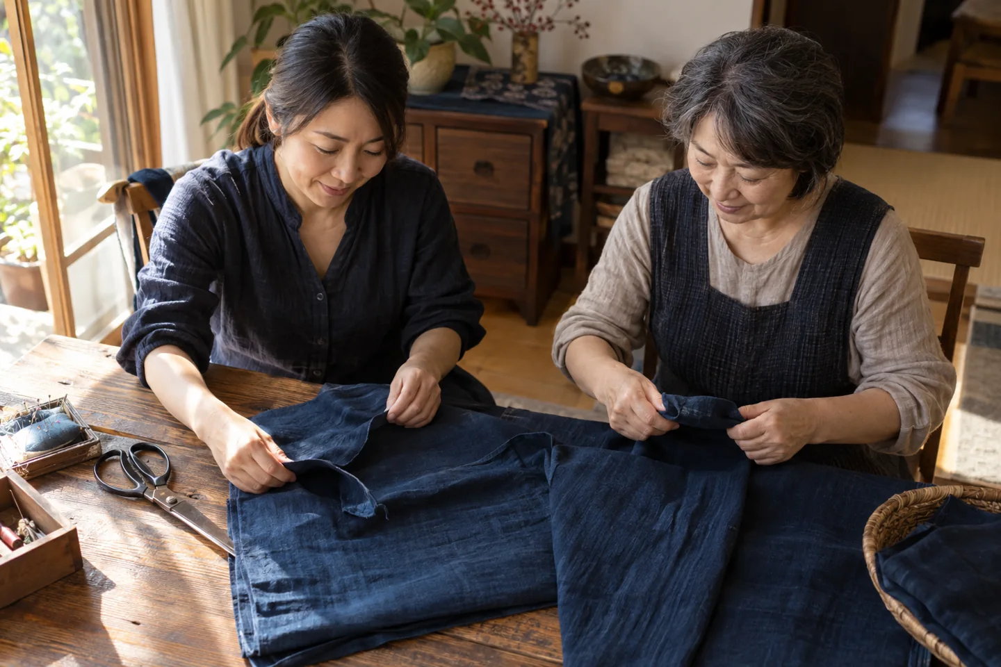 Two adult women preparing indigo fabric at a sunlit sewing table