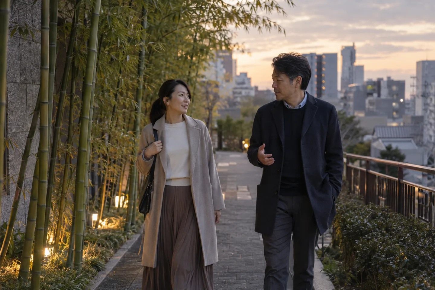 Two adults walking beside bamboo along an urban path at dusk