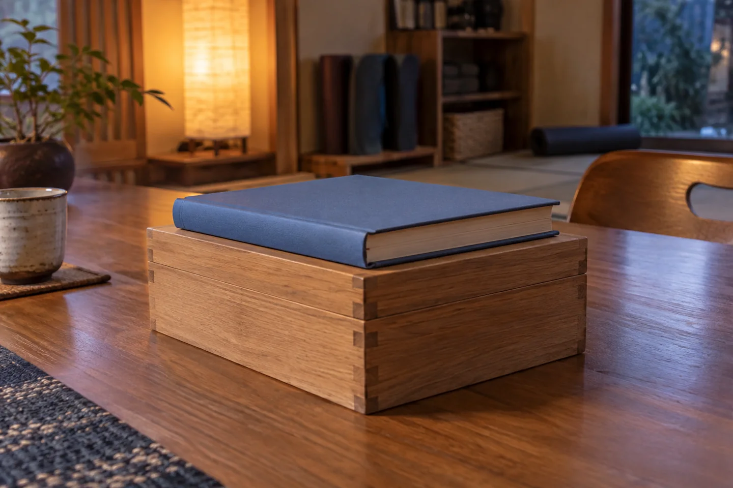 Blank blue book resting directly on the top surface of a closed wooden box