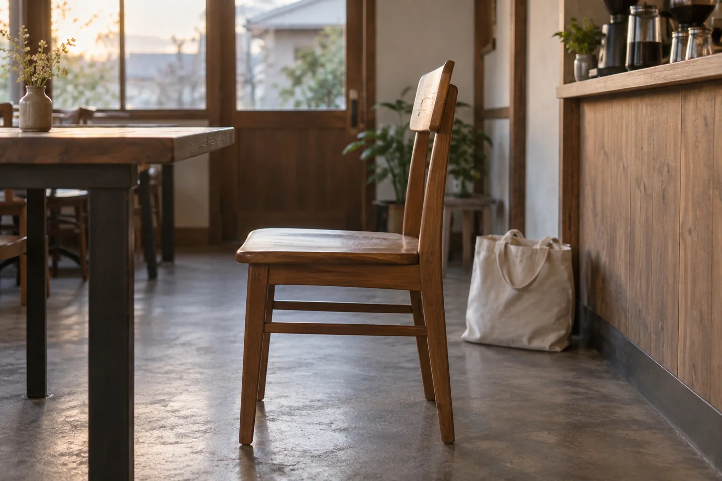 Canvas bag behind the backrest of a wooden chair whose seat faces left