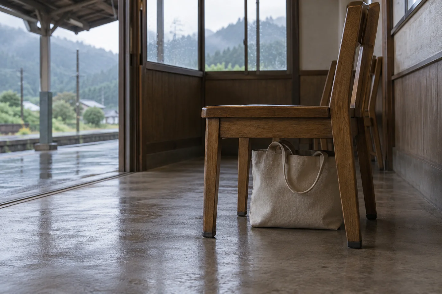 Canvas bag resting on the floor entirely beneath the seat of a wooden chair