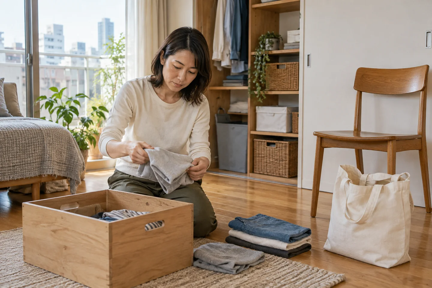 Adult woman sorting a canvas bag, chair and plain box in a bright apartment storage area