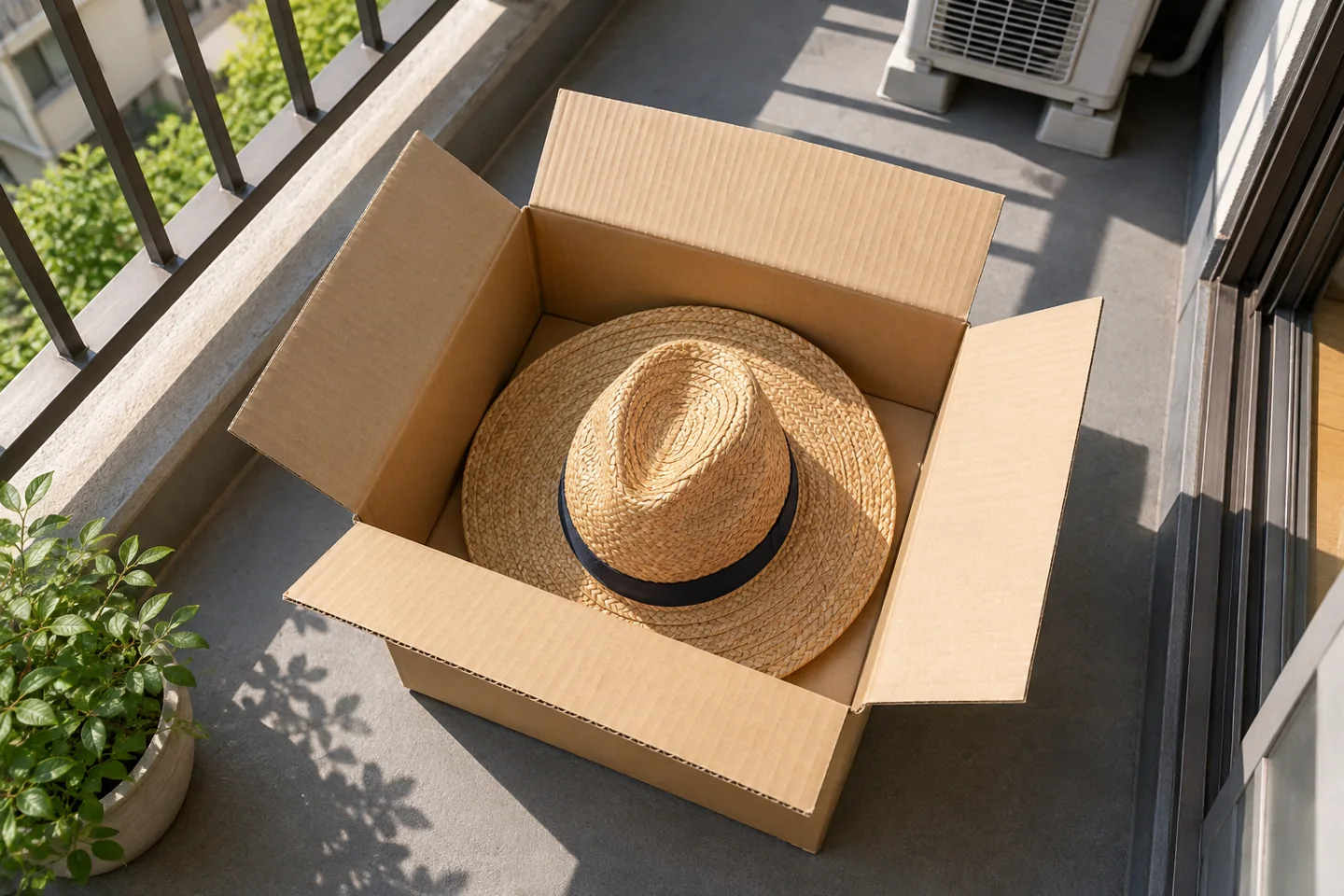 Plain straw hat sitting within the walls of an open cardboard box on a balcony