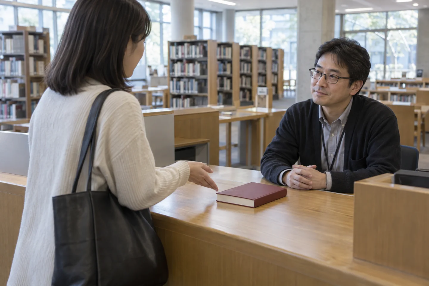Adult visitor gestures toward a closed red book while speaking to a librarian across a counter