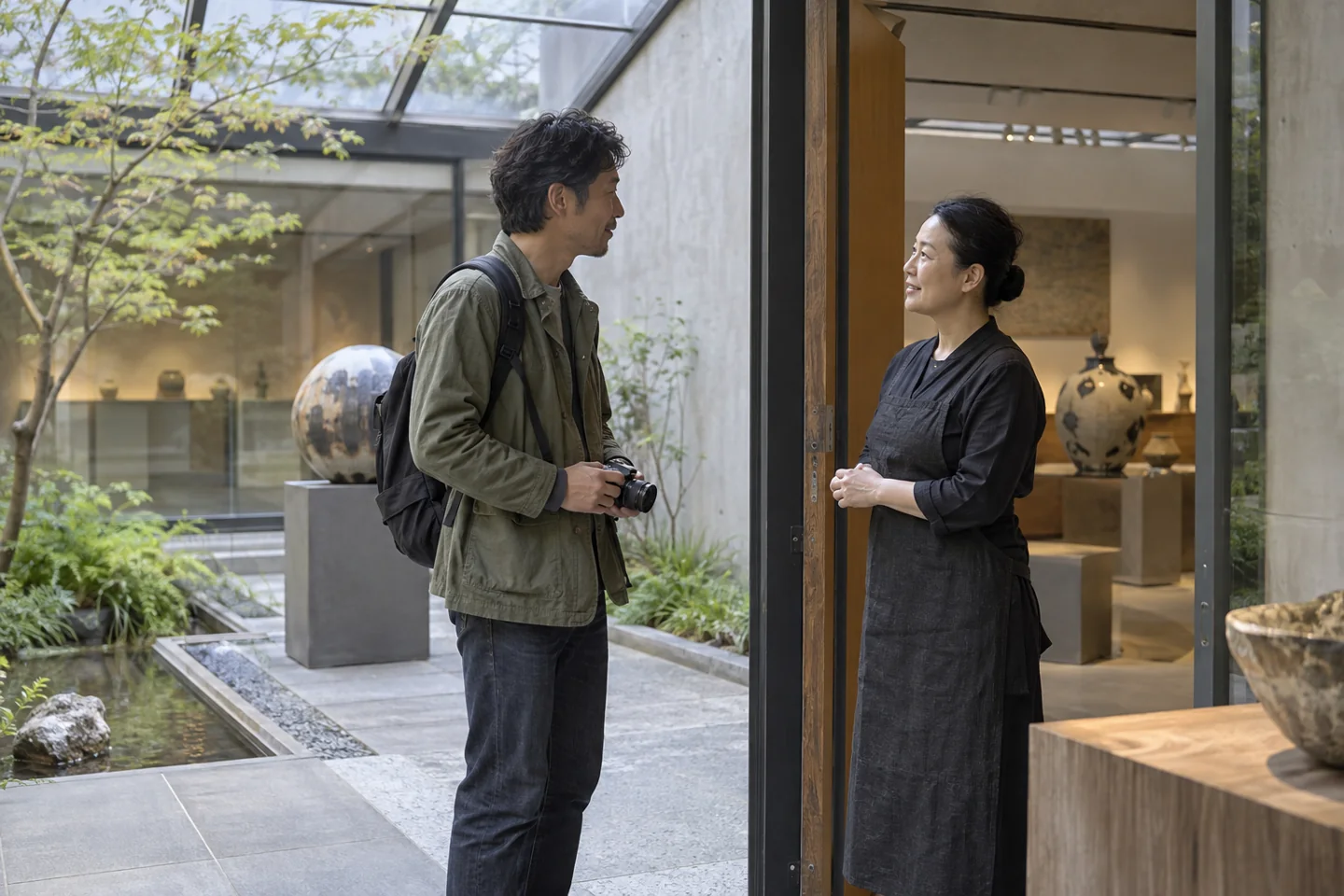 Adult visitor with camera lowered speaks to a gallery attendant in a glass-roofed courtyard