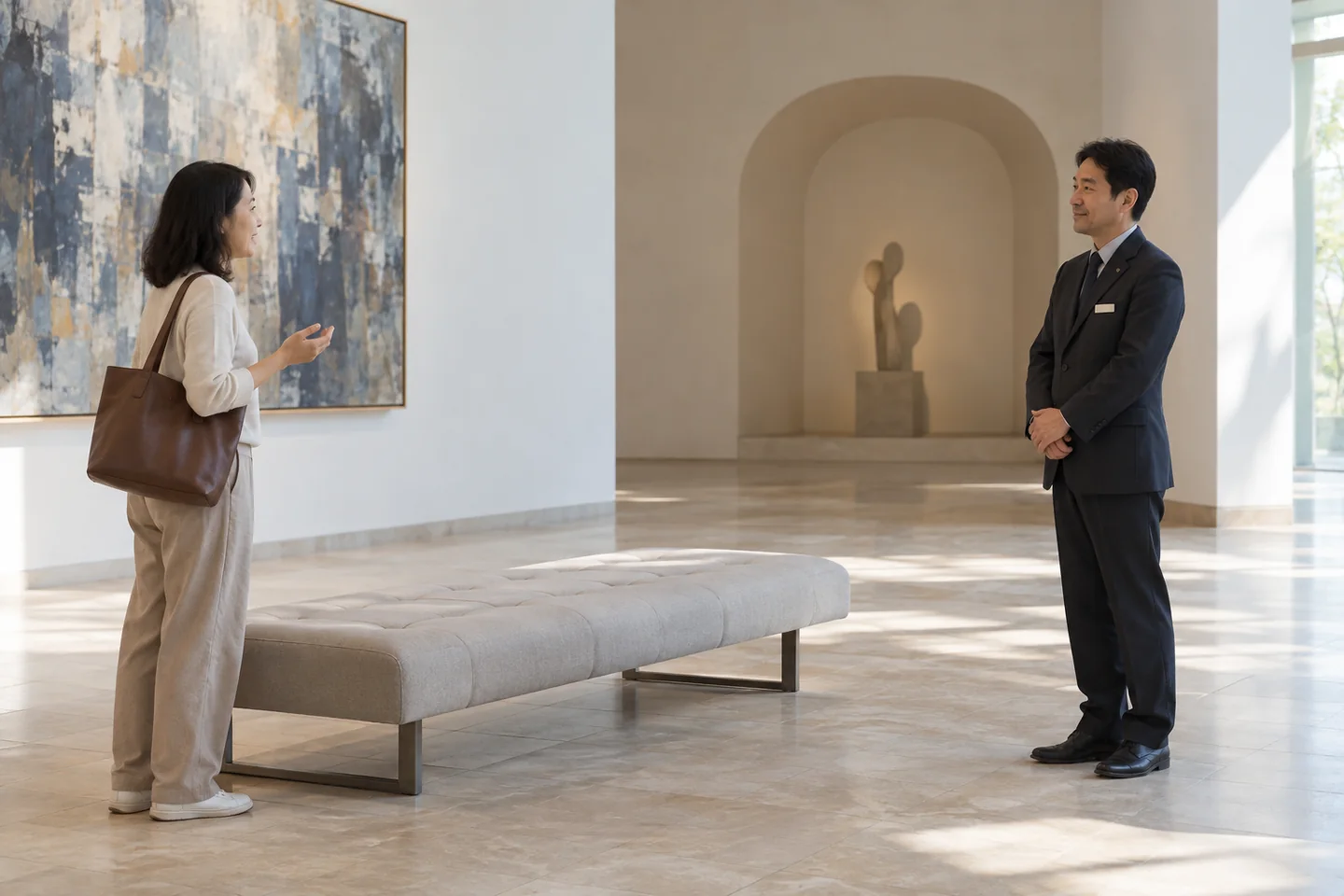 Standing visitor asks an attendant beside an empty cushioned gallery bench