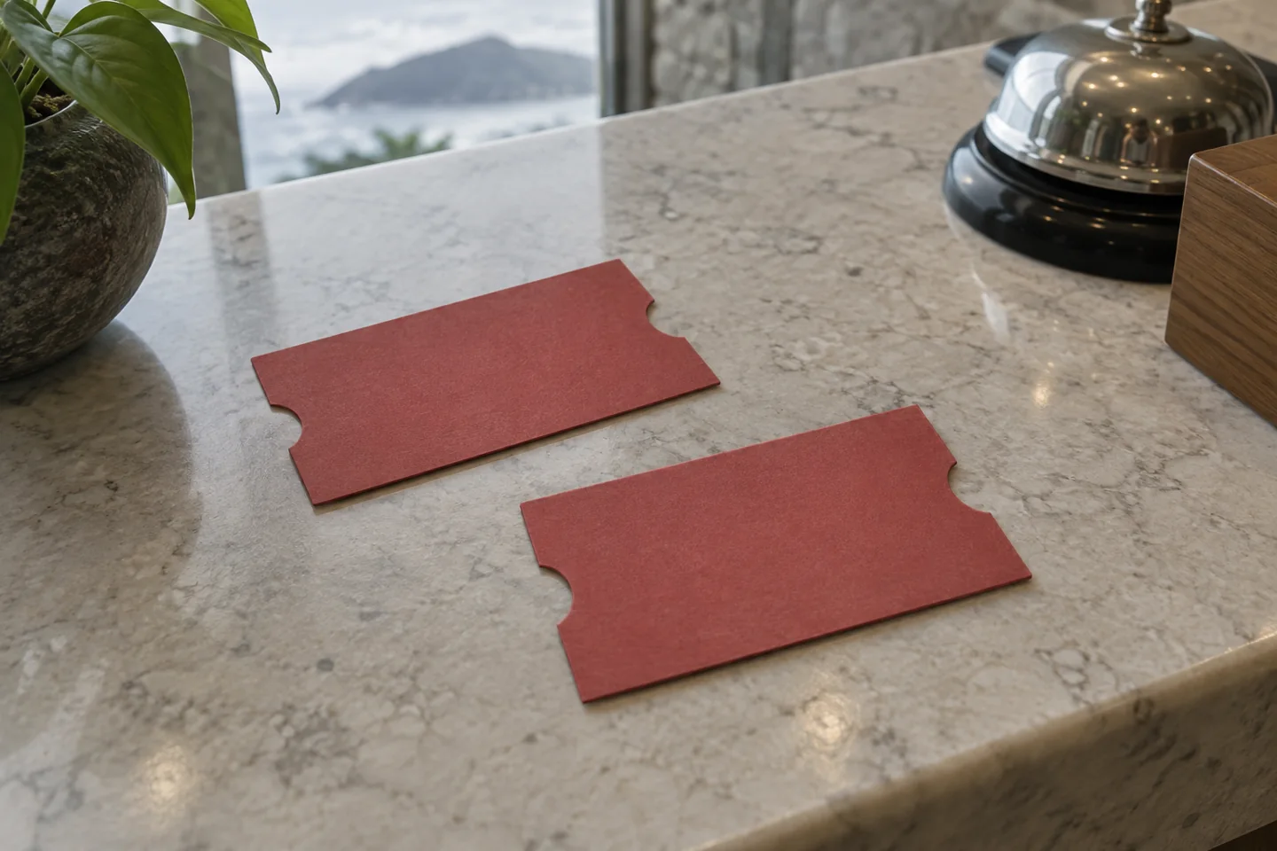 Dos tarjetas rojas ficticias y sin texto colocadas por separado sobre piedra clara