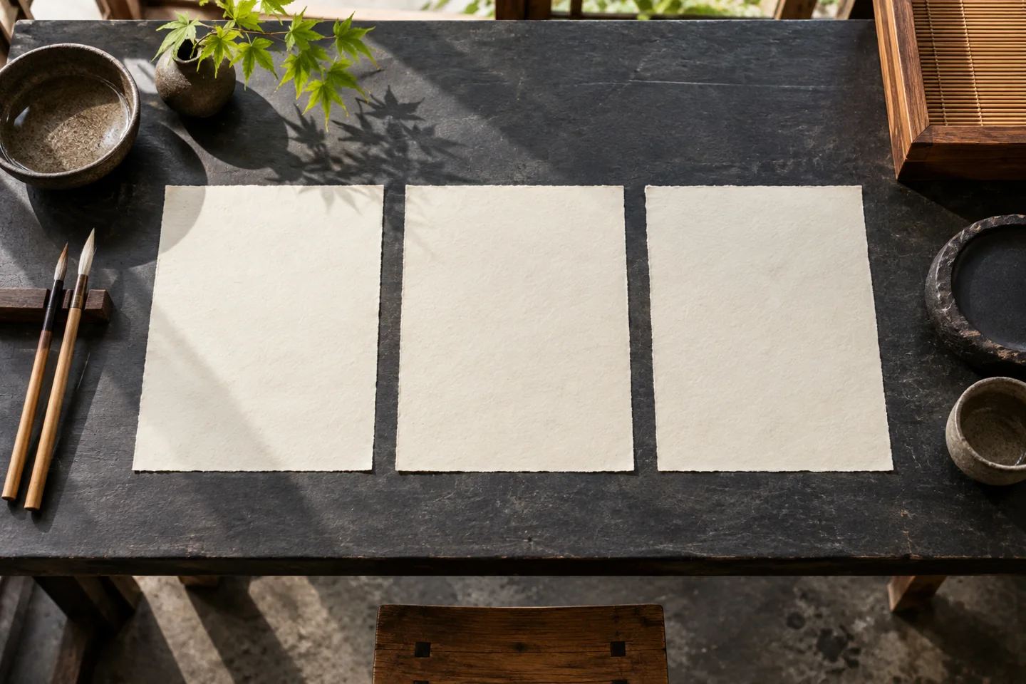 Tres hojas de papel crema separadas y visibles sobre una mesa oscura