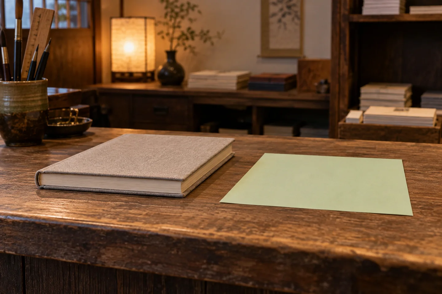 Cuaderno encuadernado junto a una única hoja verde suelta en un mostrador de madera