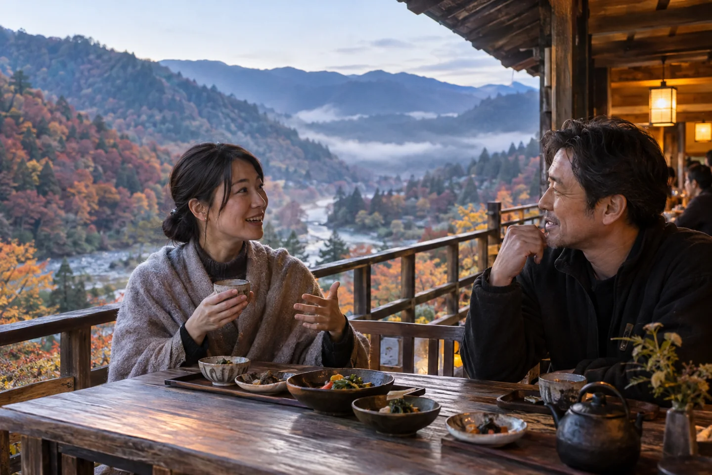 Adults discuss preferences over food on a mountain teahouse terrace