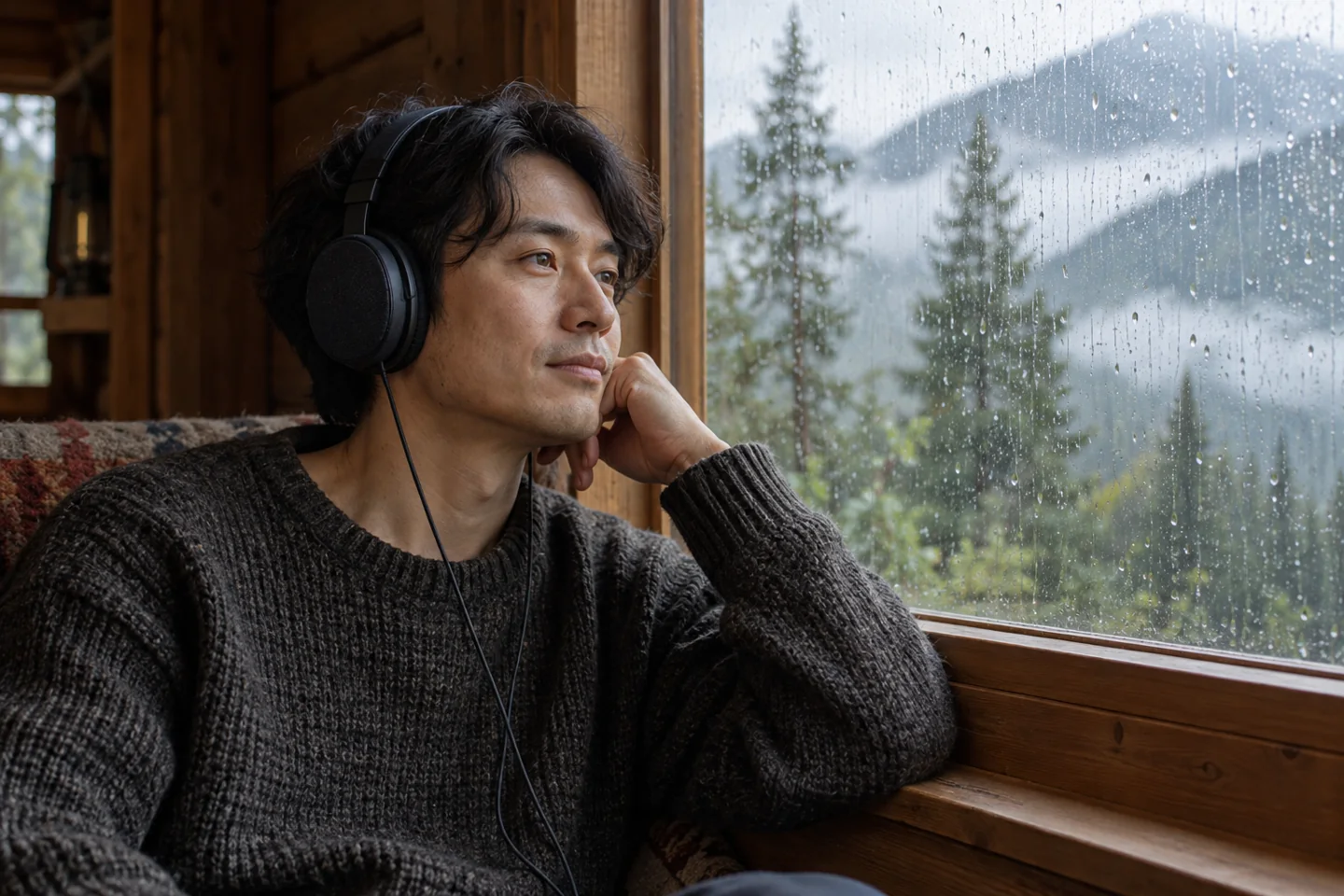Adult listens to music beside a cabin window in the rain