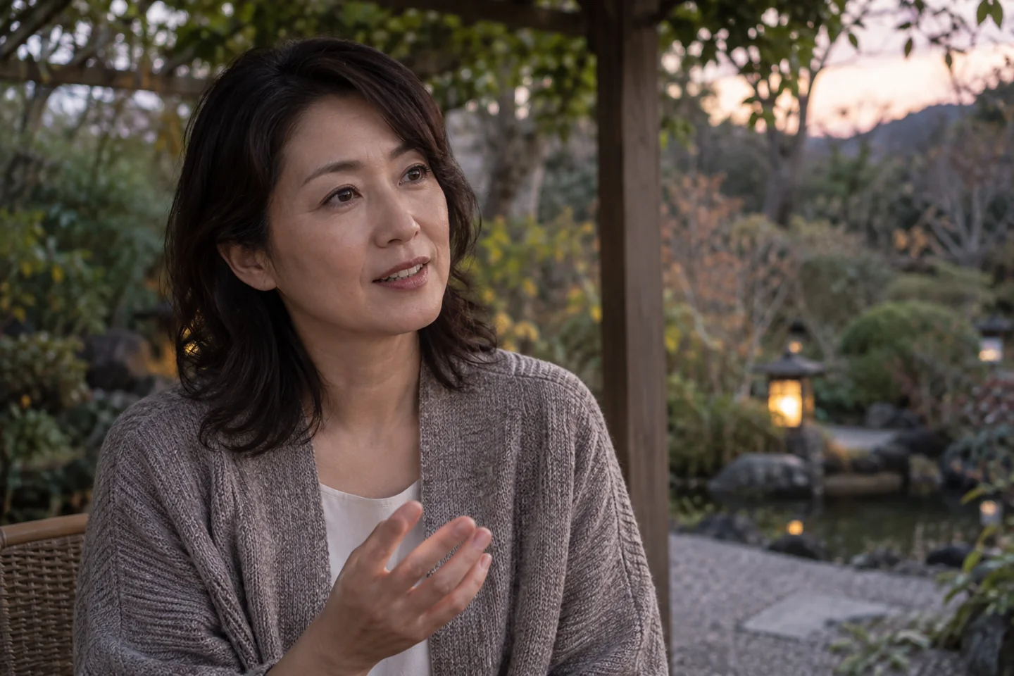 One adult pauses before answering under a garden pergola at dusk