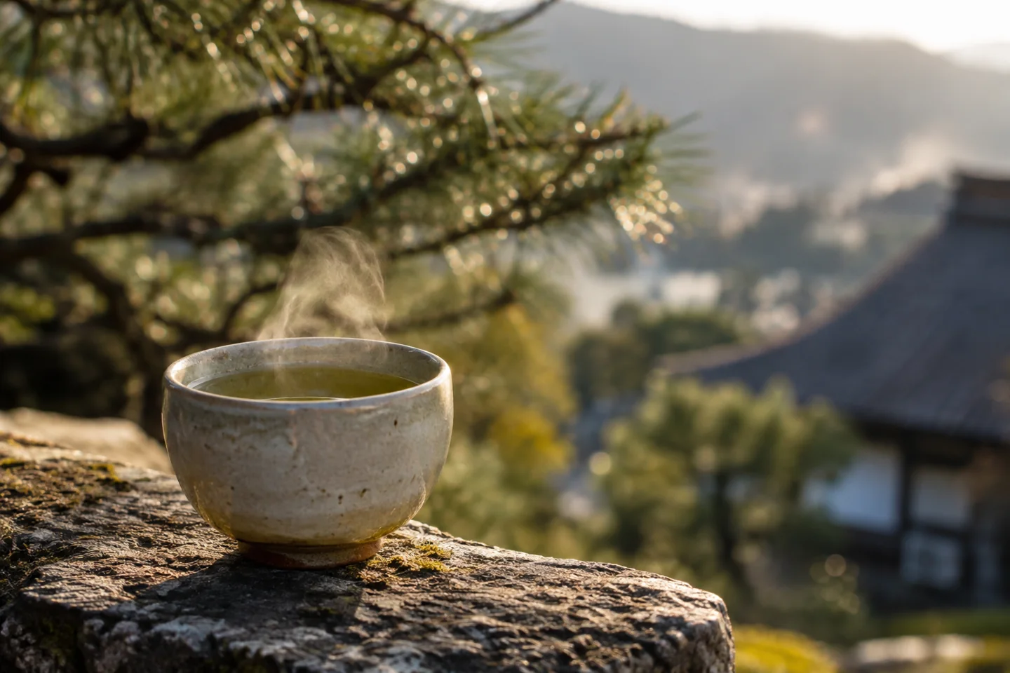 Steam rises from green tea on a stone ledge beside pine branches