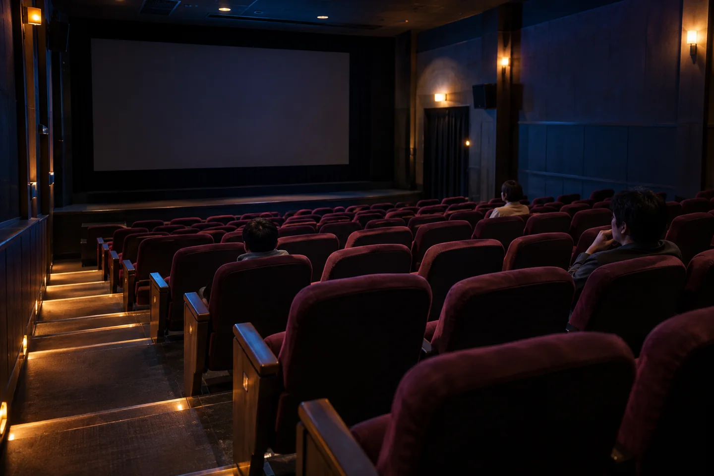 Poltronas bordô de um cinema ficam diante de uma tela escura sem imagens