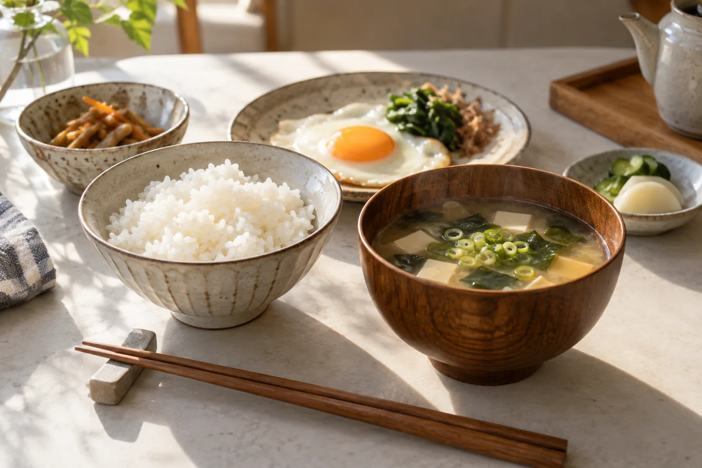 Rice, miso soup and egg on a kitchen table in low morning light